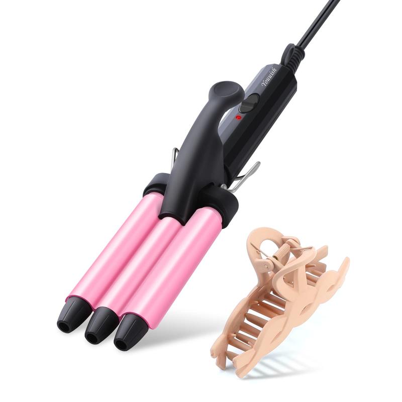 Mini Three Barrel Curling Iron, Small Curling Wand 1 2 Inch for Home and Travel, Ceramic Tourmaline Add Shine to Waves, Youuish Dual Voltage Hair Crimper, Pink