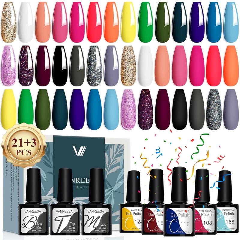 24 Pcs Gel Nail Polish Set 21 All Seasons Colors Gel Nail Polish Glossy & Matte Top Coat Yellow Orange Green Blue Pink Gel Polish Gel Nail Kit Gifts for Women