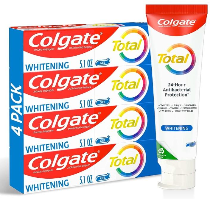 Colgate Total Whitening Toothpaste Gel, 10 Benefits, No Trade-Offs, Freshens Breath, Whitens Teeth and Provides Sensitivity Relief, Mint Flavor, 4 Pack, 5.1 Oz Tubes