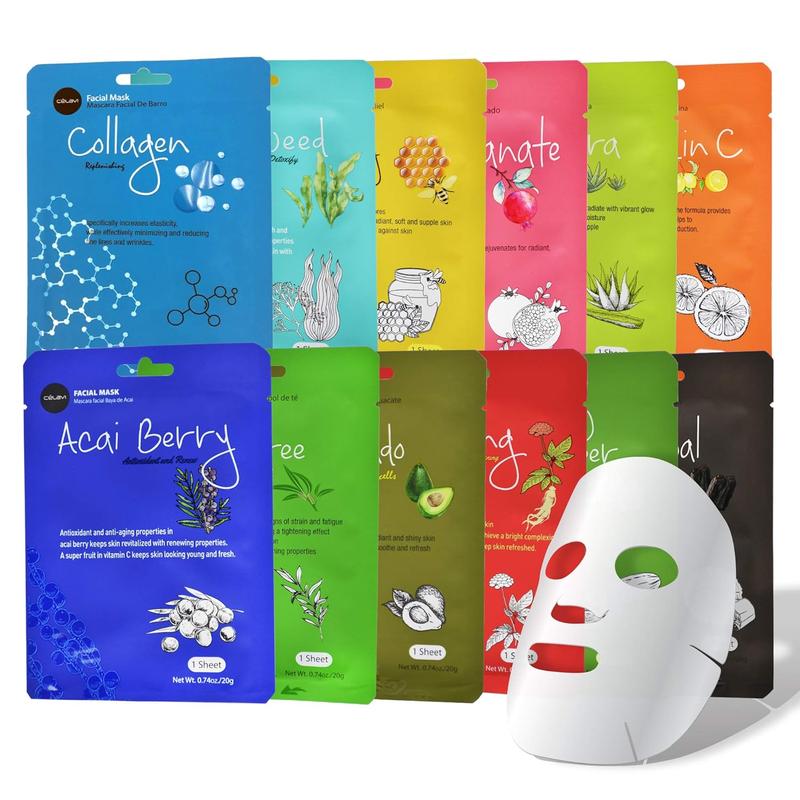 Essence Facial Sheet Face Mask Variety Set Classic Authentic Korean Moisturizing Skincare (12-Packs) Aloe Charcoal