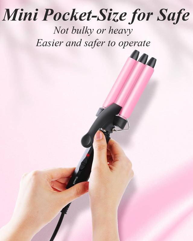 Mini Three Barrel Curling Iron, Small Curling Wand 1 2 Inch for Home and Travel, Ceramic Tourmaline Add Shine to Waves, Youuish Dual Voltage Hair Crimper, Pink