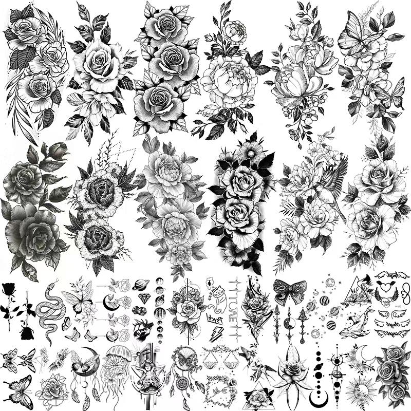 36 black realistic flower temporary tattoos for arms and thighs, 3D fake tattoos, realistic and long-lasting, temporary rose sketch moon snake peony flower tattoo stickers,