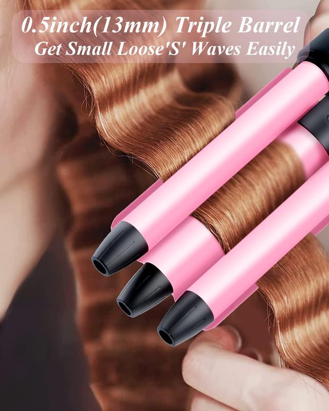 Mini Three Barrel Curling Iron, Small Curling Wand 1 2 Inch for Home and Travel, Ceramic Tourmaline Add Shine to Waves, Youuish Dual Voltage Hair Crimper, Pink