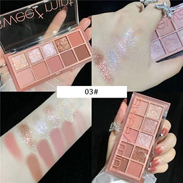 10 Colors Eyeshadow Palette 03, with matte, glitter, and shimmer shades. Pink & black tones, high pigment, waterproof, for natural-looking makeup.