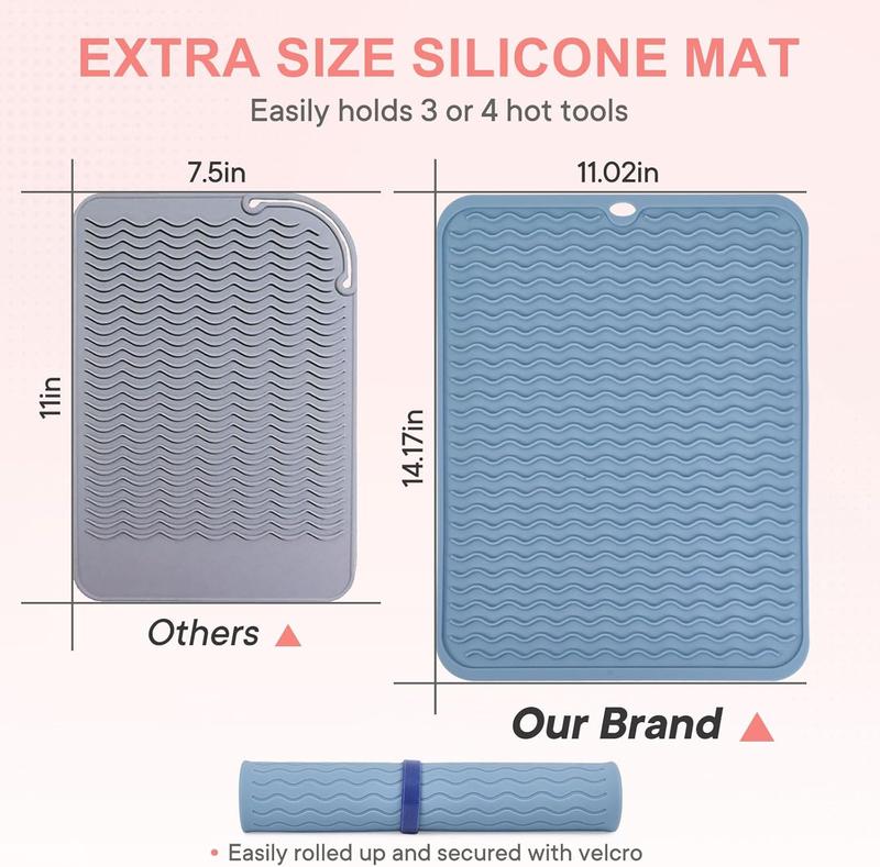 Oversize Silicone Heat Resistant Mat, Portable Travel Mat Cover with Velcro for Curling Irons, Flat Irons, Hair Straightener and Hot Hair Styling Tools(14.2