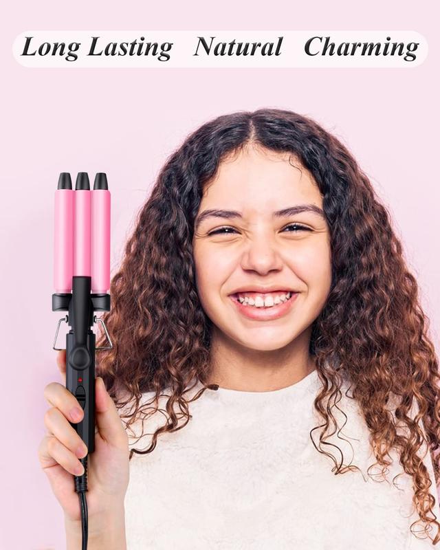 Mini Three Barrel Curling Iron, Small Curling Wand 1 2 Inch for Home and Travel, Ceramic Tourmaline Add Shine to Waves, Youuish Dual Voltage Hair Crimper, Pink