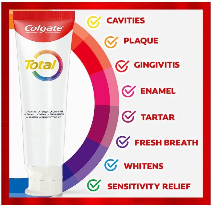 Colgate Total Whitening Toothpaste Gel, 10 Benefits, No Trade-Offs, Freshens Breath, Whitens Teeth and Provides Sensitivity Relief, Mint Flavor, 4 Pack, 5.1 Oz Tubes