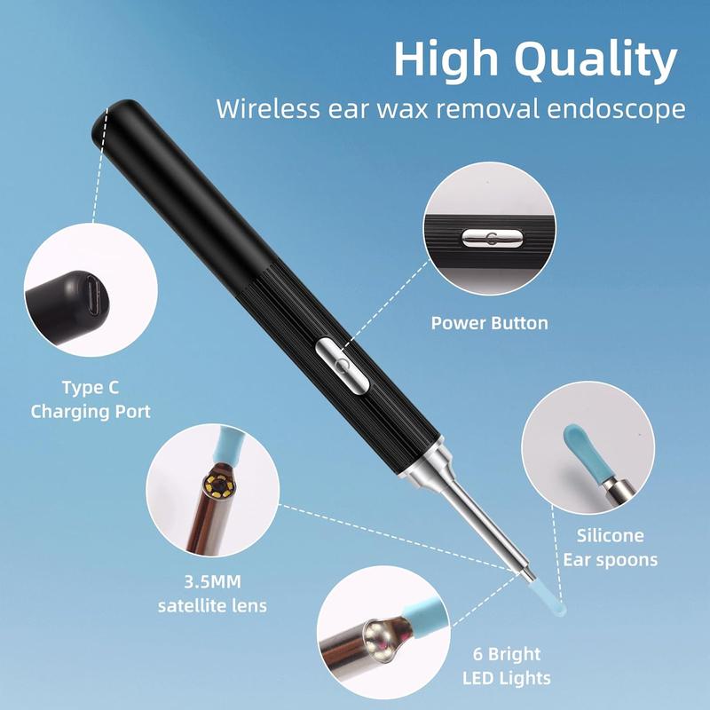 Ear Wax Removal, Earwax Remover Tool with 8 count Ear Set, Ear Cleaner with Camera, Earwax Removal Kit with Light, Ear Camera with 4 Ear Spoon, Ear Cleanning Kit for iOS & Android (Black)