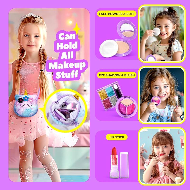 Kids Washable Makeup Kit for Girls 4-6 with Small Coin Purse(5.5x5.25in) - Real, Non Toxic Makeup for Little Girls - Umicorns Gifts for Girls