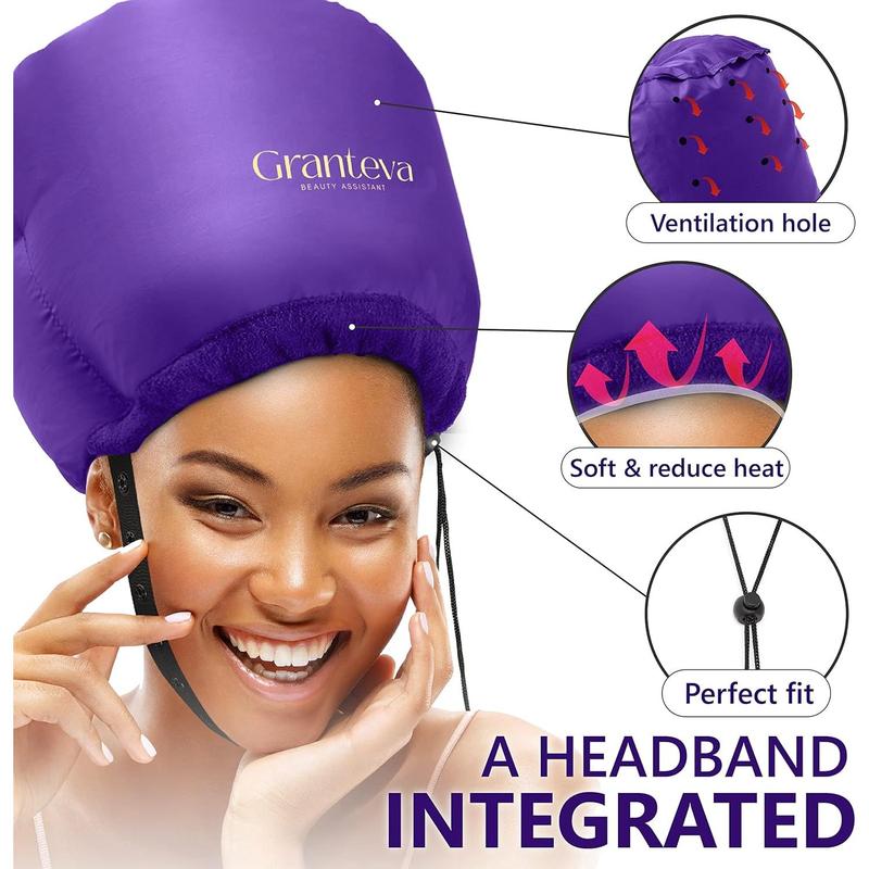 Bonnet Hair Dryer w A Headband Integrated That Reduces Heat Around Ears & Neck - Hair Dryer Diffuser Cap for Hair Dryer Curly Hair, Speeds Up Drying Time, Deep Conditioning at Home - Large (Purple)