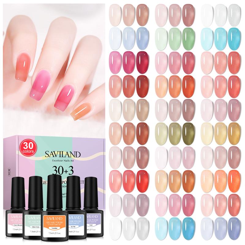 SAVILAND Jelly Gel Nail Polish Set, 30 Colors Translucent Nude Pink Transparent Nail Polish Set with 180 Sheer Matte Glossy Effects for Nail Salon DIY Home Set Holiday Gift Nail Art Nail Care Manicure Cutics