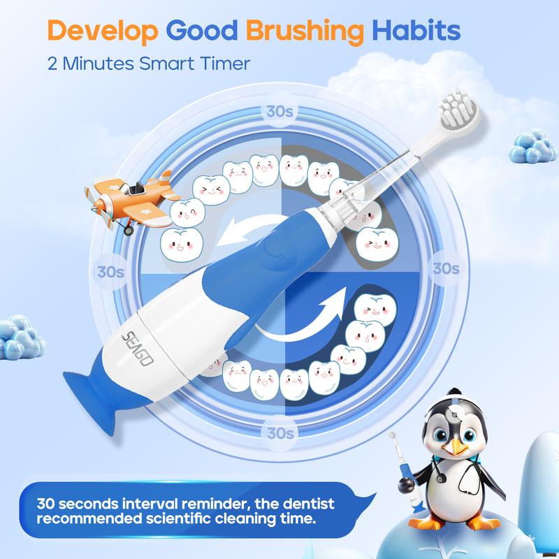 SEAGO Toddler Electric Toothbrush for Ages 1-3 Years,Baby Electric Toothbrush with Smart LED Timer and Sonic Technology,4 Brush Heads electric toothbrush