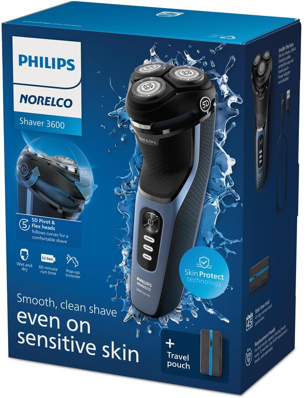 Philips Norelco Shaver 3600, Rechargeable Wet & Dry electric shaver with Pop-Up Trimmer and Storage Pouch Cordless Smooth Cordless Smooth