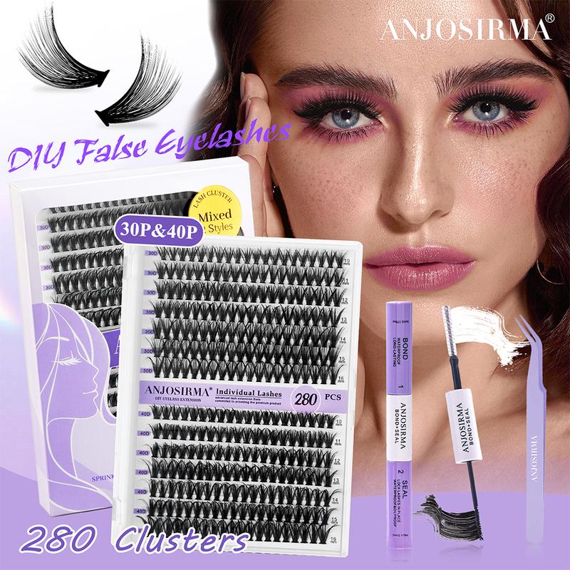 DIY Lash Extension 280pcs Individual Lashes Cluster ANJOSIRMA D Curl Wispy Individual Lashes 10-16mm Mink DIY Individual Eyelashes Cluster Lashes Extension 3d  lashes