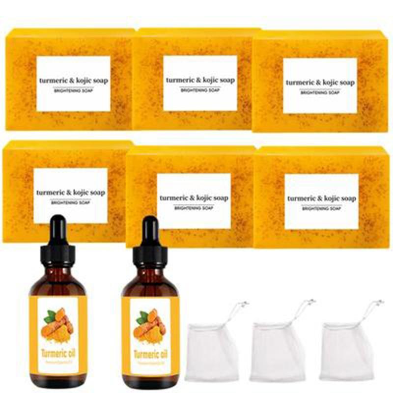 Turmeric Soap Set, 1 Set with 6 Counts Cold Pressed Soap Bar with 2 Counts Bubble Net & 2 Counts Turmeric Essential Oil, Face & Body Wash Soap Set