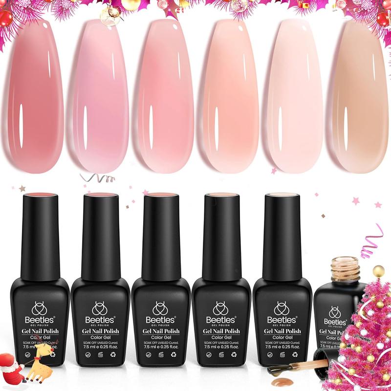 Beetles Winter Gel Nail Polish Set, 6 Colors Jelly Gel Polish Nude Pink Gel Neutral Nail Art Design Translucent Gel Nail Kits Soak Off Uv Nail Lamp Cured Nail Manicure DIY Home for Women