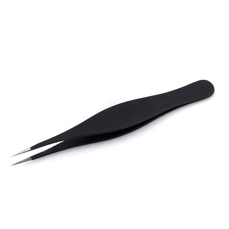 Pointed Tweezers with sharp precision tip. Ideal for eyebrows, ingrown hair, removing blackheads & splinters. Surgical pointed. Color: Black.