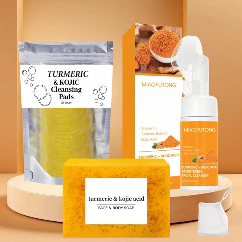 Turmeric Soap & Face Cleansing Pad & Mousse Cleanser with Soap Bag Set, 3 Counts set Deep Cleansing & Nourishing Skin Care Product for Women & Men