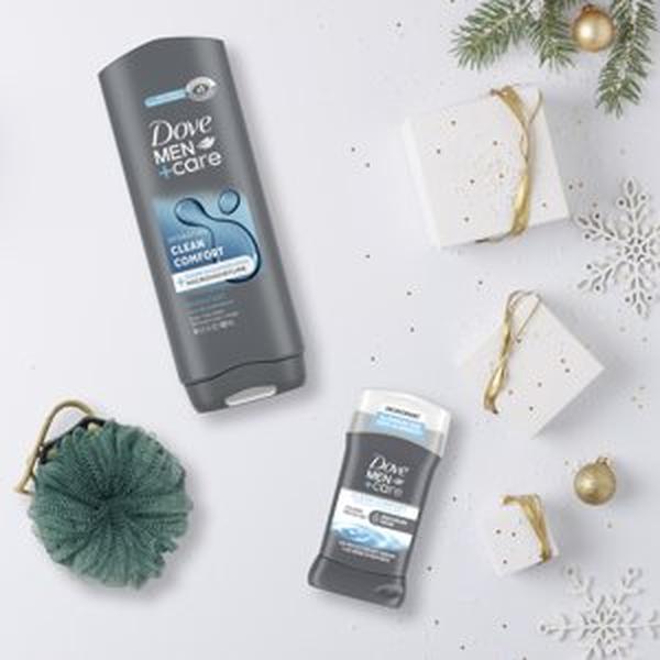 Dove Men+Care Clean Comfort Men's Holiday Gift Set Body + Fash Wash Deodorant Stick & Shower Tool, 3 Count