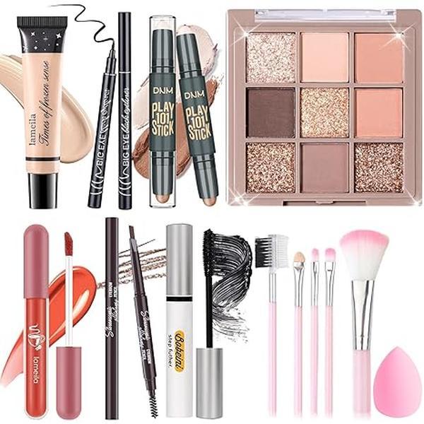 Makeup Set Kit for Women Girls Teens, Makeup Present Set, Includes 9 Color Eyeshadow, Counter Stick, Foundation, Eyebrow Pencil, Eyeliner, Mascara, Lip Gloss, 5Pcs Brushes, Sponge