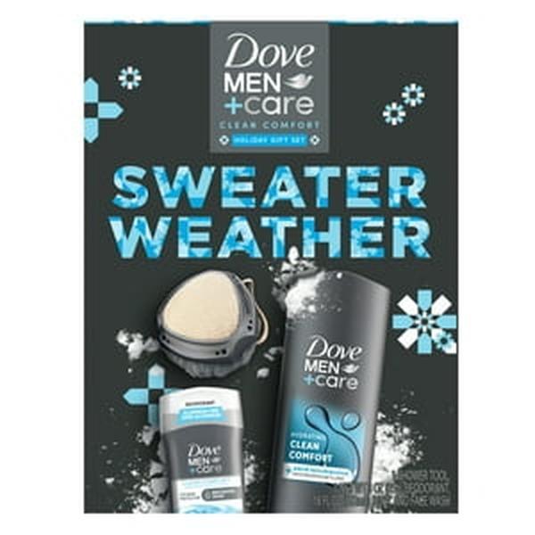 Dove Men+Care Clean Comfort Men's Holiday Gift Set Body + Fash Wash Deodorant Stick & Shower Tool, 3 Count