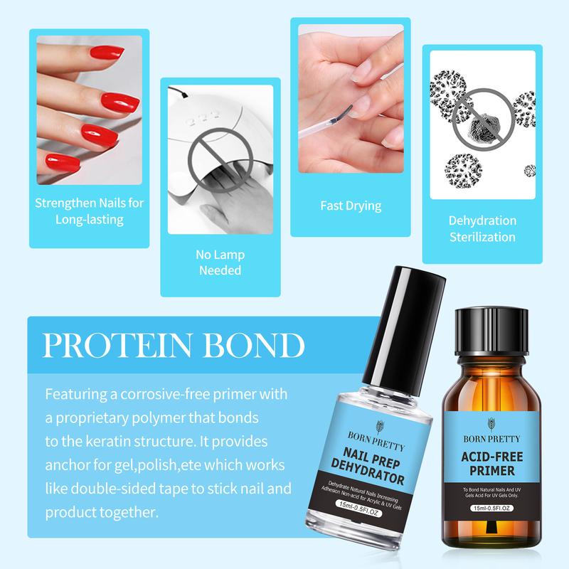 BORN PRETTY Natural Nail Prep Dehydrate and Bond Primer Acid-Free Dehydrator for Acrylic and Gel Nail Polish Non Acid Primer for UV Gels Fast Dry Superior Bonding Agent Gift Box Set For Nail Art Nail Care