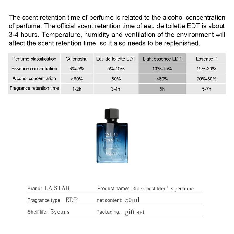 50ml Men's Azure Coastal Perfume, Romantic Long Lasting Refreshing Perfume, Perfect Choice for Home Trips and Music Festivals, Perfumes for Men, Christmas Gift