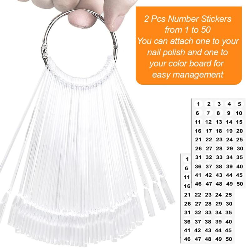 50 Pcs Clear Fan-shaped Nail Swatch Sticks with Ring and Numbered Tips for Polish Practice