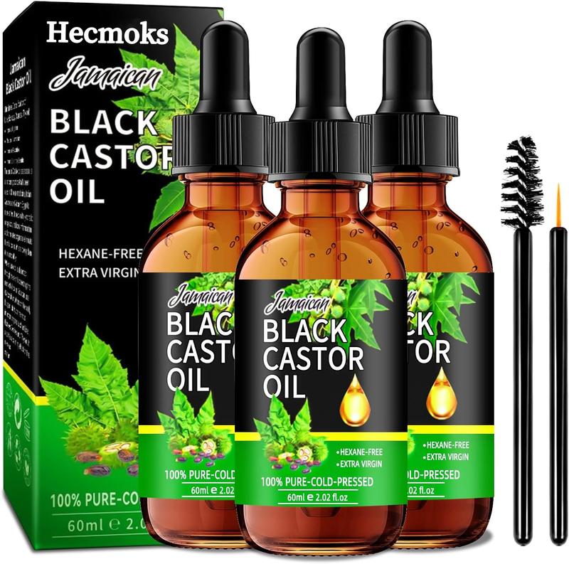 HECMOKS 3-Pack Jamaican Black Castor Oil - Organic Cold Pressed Unrefined Oil for Hair, Eyelashes, Eyebrows & Body Care, Haircare Silky