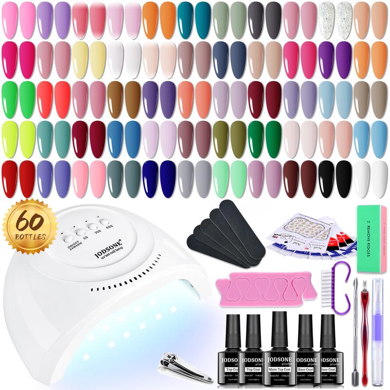 JODSONE 60 PCS Gel Nail Polish Kit with U V Light Base and Matte Glossy Top Coat Nail Gel Polish Soak off Manicure Accessory Tools Suitable for All Seasons led  nail lamp nail file