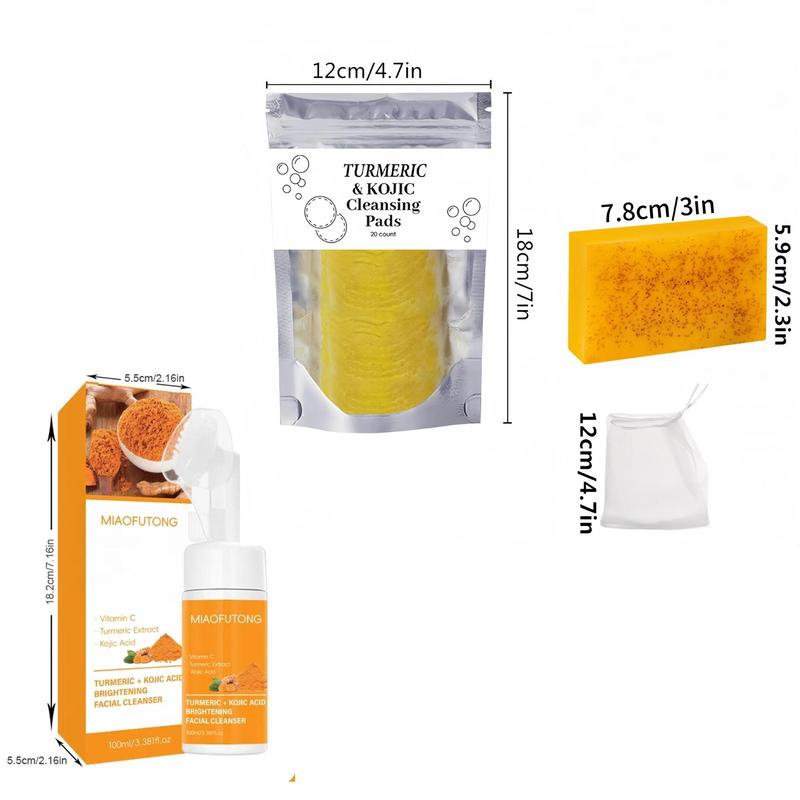 Turmeric Soap & Face Cleansing Pad & Mousse Cleanser with Soap Bag Set, 3 Counts set Deep Cleansing & Nourishing Skin Care Product for Women & Men