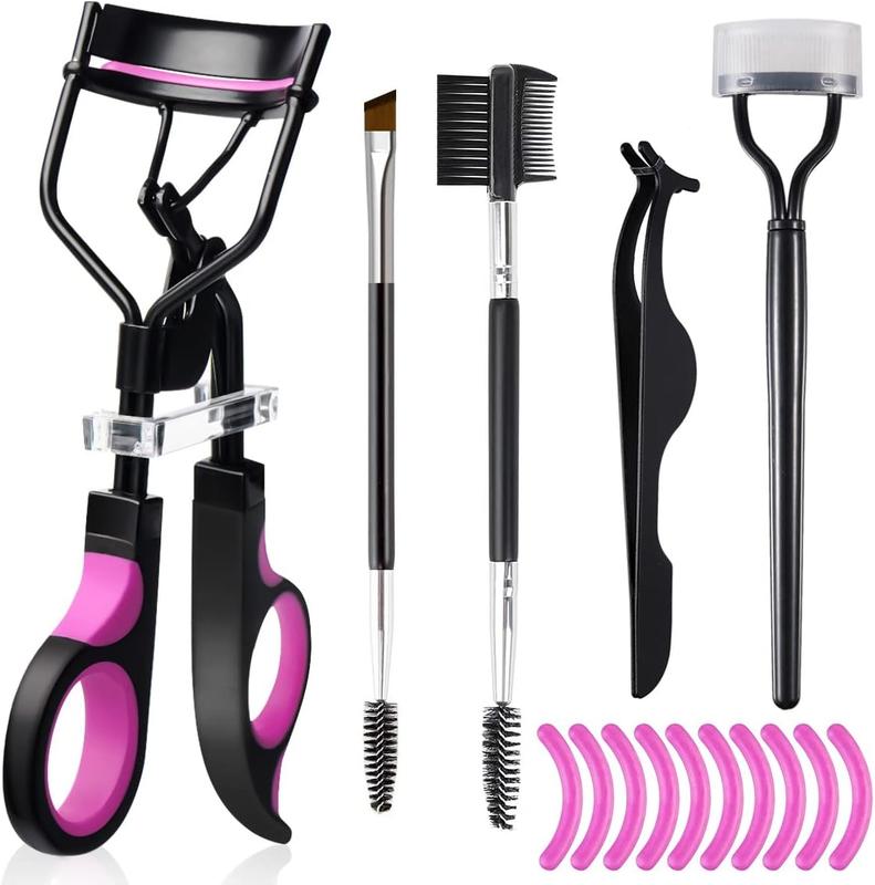 Eyelash Curlers Eyebrow Brush Kit for Women w Lash Curler, Eyelash Comb Seperator, Mascara Brushes, Eyelash Extension Tweezers, Angled Eyebrow Brush and Comb, 10  Refills Pads for Lash & Brow