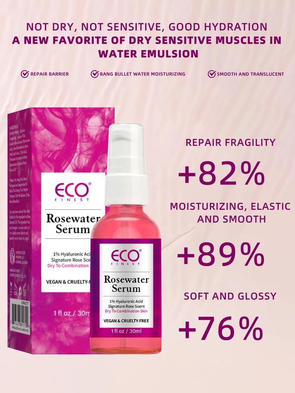 ECO Finest Rose Water Essence Serum with 1% Hyaluronic Acid for Deep Moisturizing, Skin Repair, and Radiant Skin, 1 Ounce Skin Repair Radiant