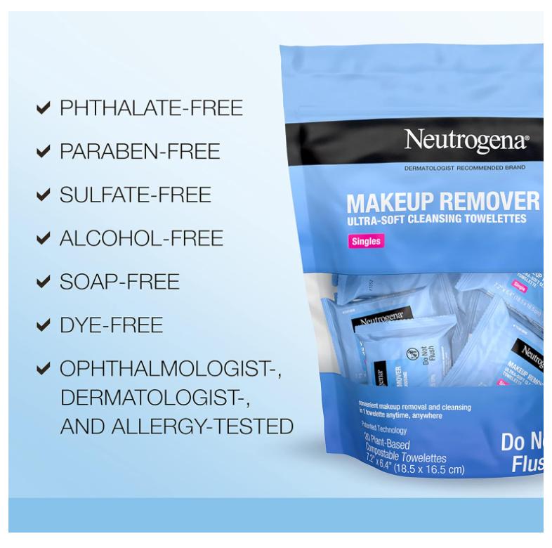 Neutrogena Makeup Remover Facial Cleansing Towelette Singles, Daily Face Wipes Remove Dirt, Oil, Makeup & Waterproof Mascara, Gentle, Individually Wrapped, 100% Plant-Based Fibers, 20 ct