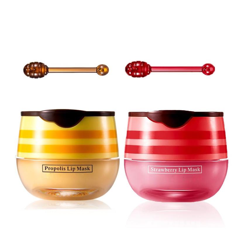 2 Pcs Lip Balm Honey Pot, Honey & Strawberry Moisturizing Lip Mask Reduces Lip Lines and Exfoliator Gift Moisture