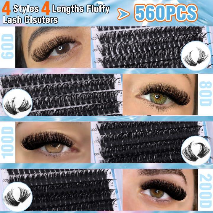 Fluffy Lash Clusters Cat Eye Lashes Extension 560 count 60D+80D+100D+200D Thick Volume Eyelash Clusters Long Individual Lashes Wispy Clusters Eyelash 12-18MM Fluffy Eyelashes Extensions Eyelash Extension Makeup