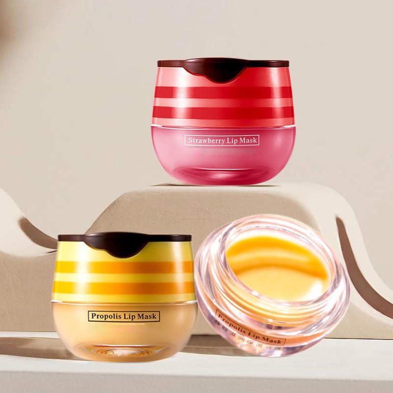 2 Pcs Lip Balm Honey Pot, Honey & Strawberry Moisturizing Lip Mask Reduces Lip Lines and Exfoliator Gift Moisture