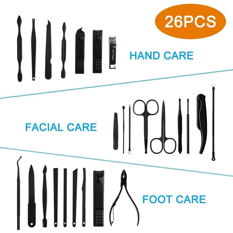 26 count  Manicure Set,   Clippers, Professional Grooming Gift Kit, Pedicure Kit, Stainless Steel Facial, Cuticle,  Care Tools with Luxurious Portable Travel Case, for Women & Men