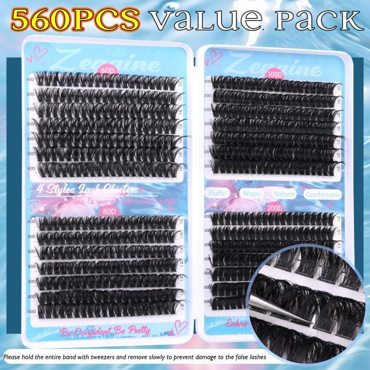 Fluffy Lash Clusters Cat Eye Lashes Extension 560 count 60D+80D+100D+200D Thick Volume Eyelash Clusters Long Individual Lashes Wispy Clusters Eyelash 12-18MM Fluffy Eyelashes Extensions Eyelash Extension Makeup