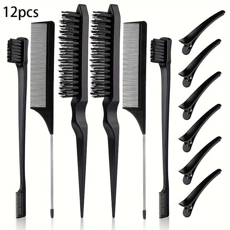 Hair Styling Comb Set, Teasing Hair Brush Double Sided Hair Edge Brush Rat Tail Comb, Fluffy Hair Styling Tools With Hair Clips