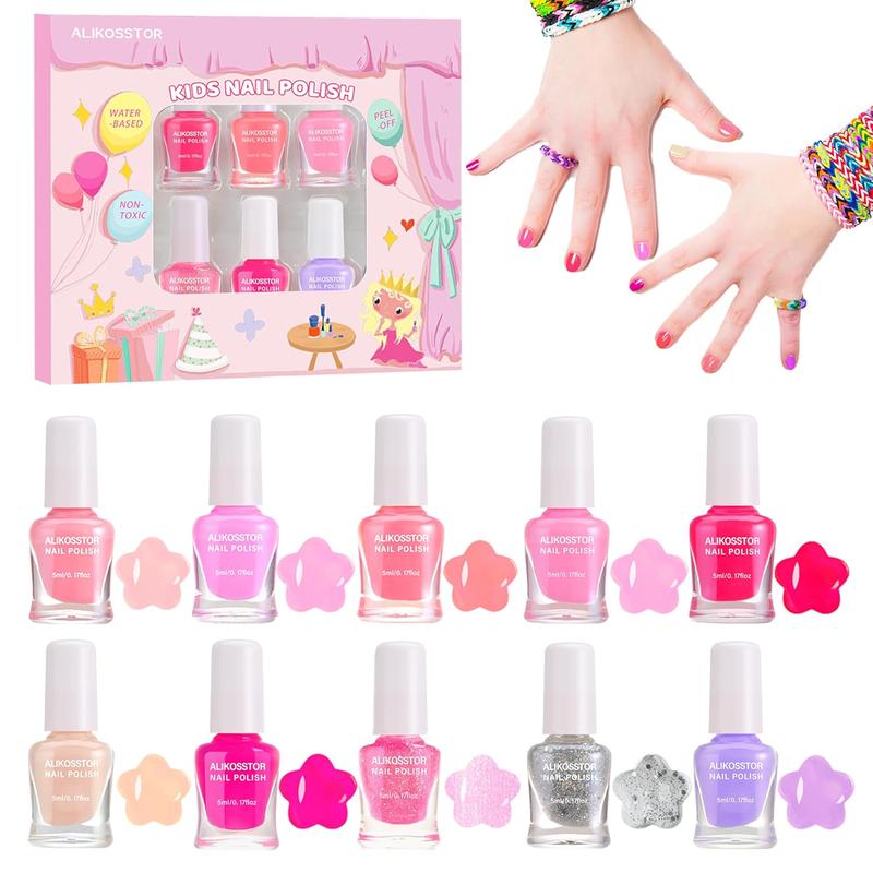 Nail Polish - Quick Dry Non-Toxic Nail Polish Set for Girls, 10 Pink Colors Set Peel Off Water Based Nail Polish Toys Kit for Toddler Teen