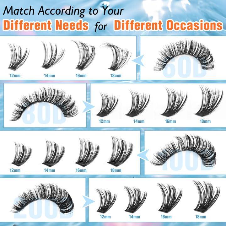 Fluffy Lash Clusters Cat Eye Lashes Extension 560 count 60D+80D+100D+200D Thick Volume Eyelash Clusters Long Individual Lashes Wispy Clusters Eyelash 12-18MM Fluffy Eyelashes Extensions Eyelash Extension Makeup