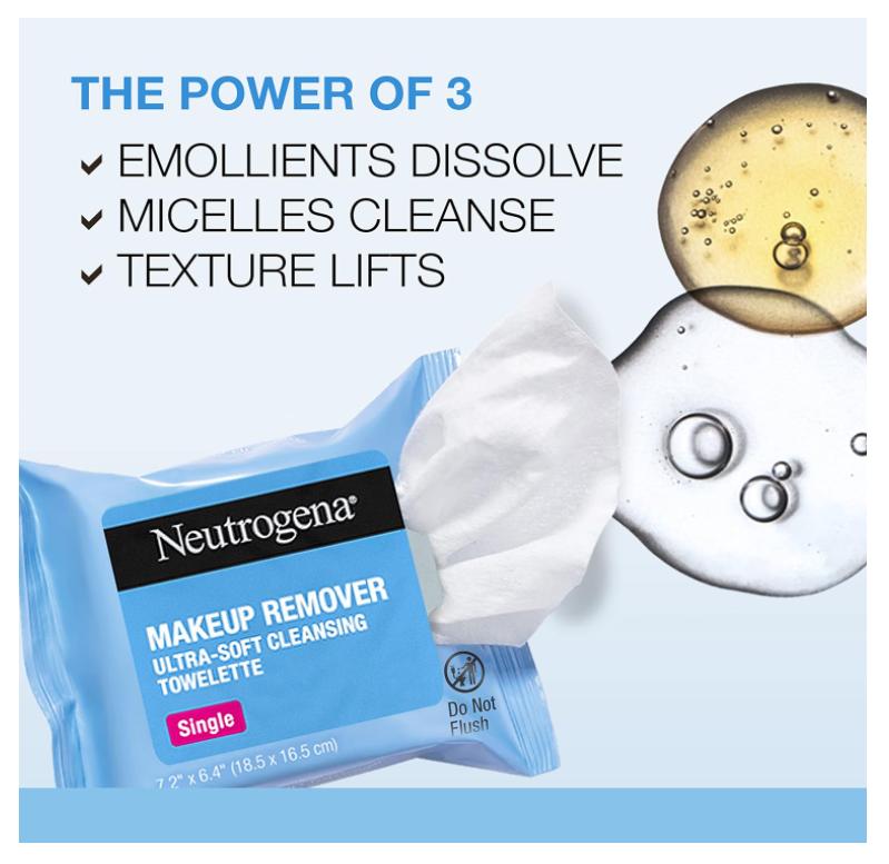 Neutrogena Makeup Remover Facial Cleansing Towelette Singles, Daily Face Wipes Remove Dirt, Oil, Makeup & Waterproof Mascara, Gentle, Individually Wrapped, 100% Plant-Based Fibers, 20 ct