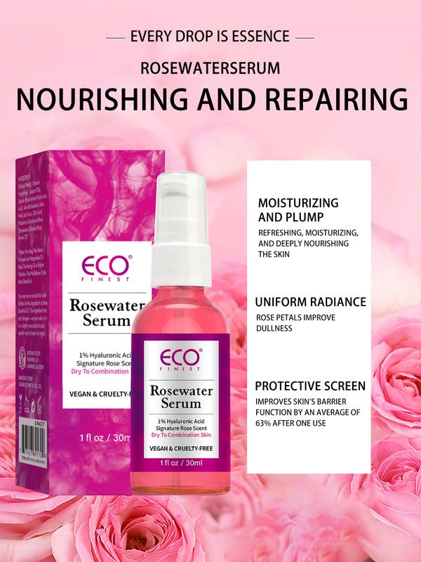 ECO Finest Rose Water Essence Serum with 1% Hyaluronic Acid for Deep Moisturizing, Skin Repair, and Radiant Skin, 1 Ounce Skin Repair Radiant