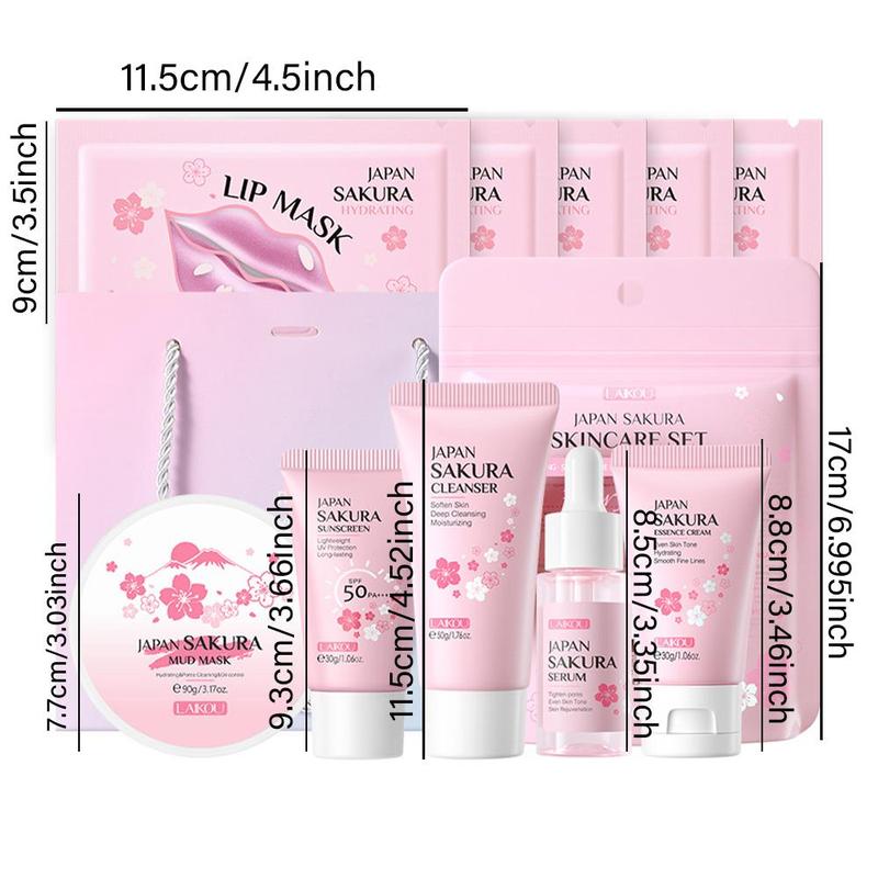 Sakura Skincare Set, 10pcs set Facial Skin Care Kit, Including Mud Mask, Sunscreen, Eye Cream, Face Cream, Lip Mask, Skin Care Kit for Women