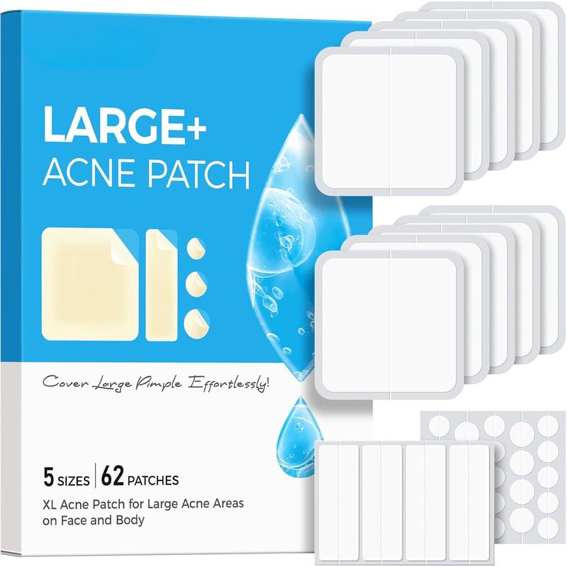 Large Pimple Patches (5 Sizes 62 Patches), 60 mm XL Acne Patches for Zit Breakouts, Big Hydrocolloid Bandages for Body, Face, Forehead, Back, Neck & Chest, Square, Oval, Dot Hydrocolloid Patch