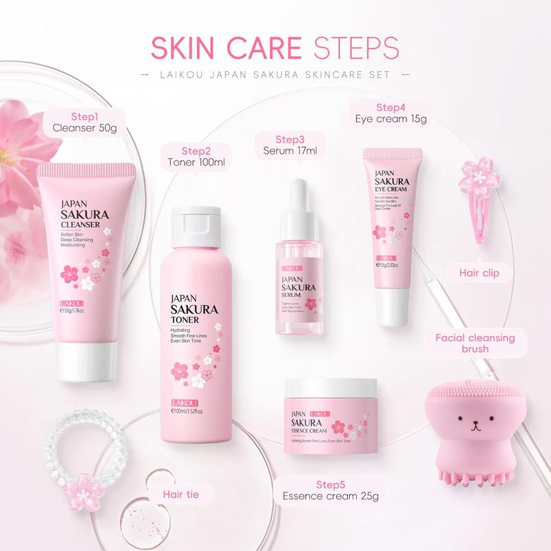 Sakura Skincare Kit (8 Counts set), Cleanser, Toner, Serum, Eye Cream, Essence Cream, Hair Tie, Hair Clip & Cleansing Brush, Skin Care Kit for Women