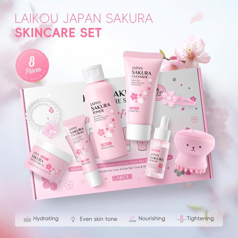 Sakura Skincare Kit (8 Counts set), Cleanser, Toner, Serum, Eye Cream, Essence Cream, Hair Tie, Hair Clip & Cleansing Brush, Skin Care Kit for Women