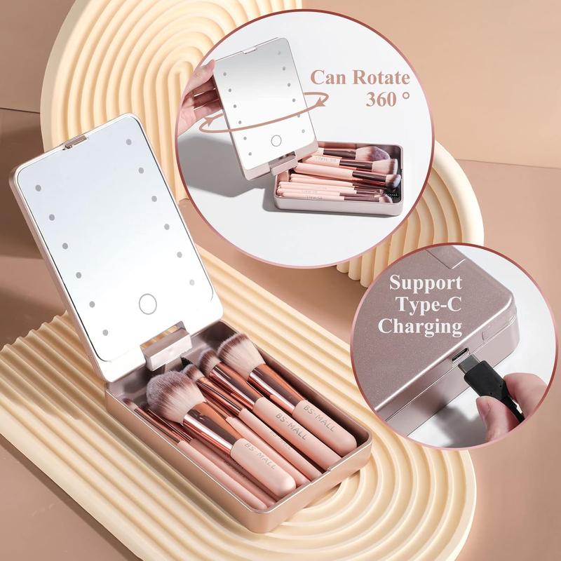 Travel Makeup Brush Set Foundation Powder Concealers Eye Shadows Makeup Set with LED light Mirror 14 Pcs Mini Makeup Brushes