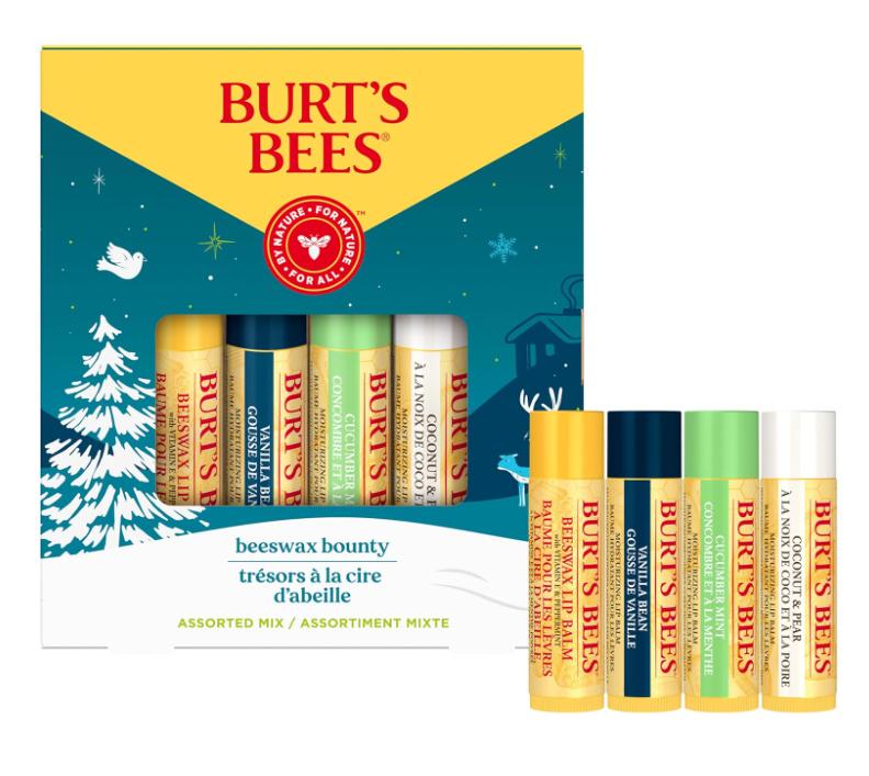 Burt's Bees Christmas Gifts Assorted Mix Set - Beeswax, Vanilla, Cucumber Mint & Coconut and Pear Lip Balm - 4 Pack - Gloss, Lipstick